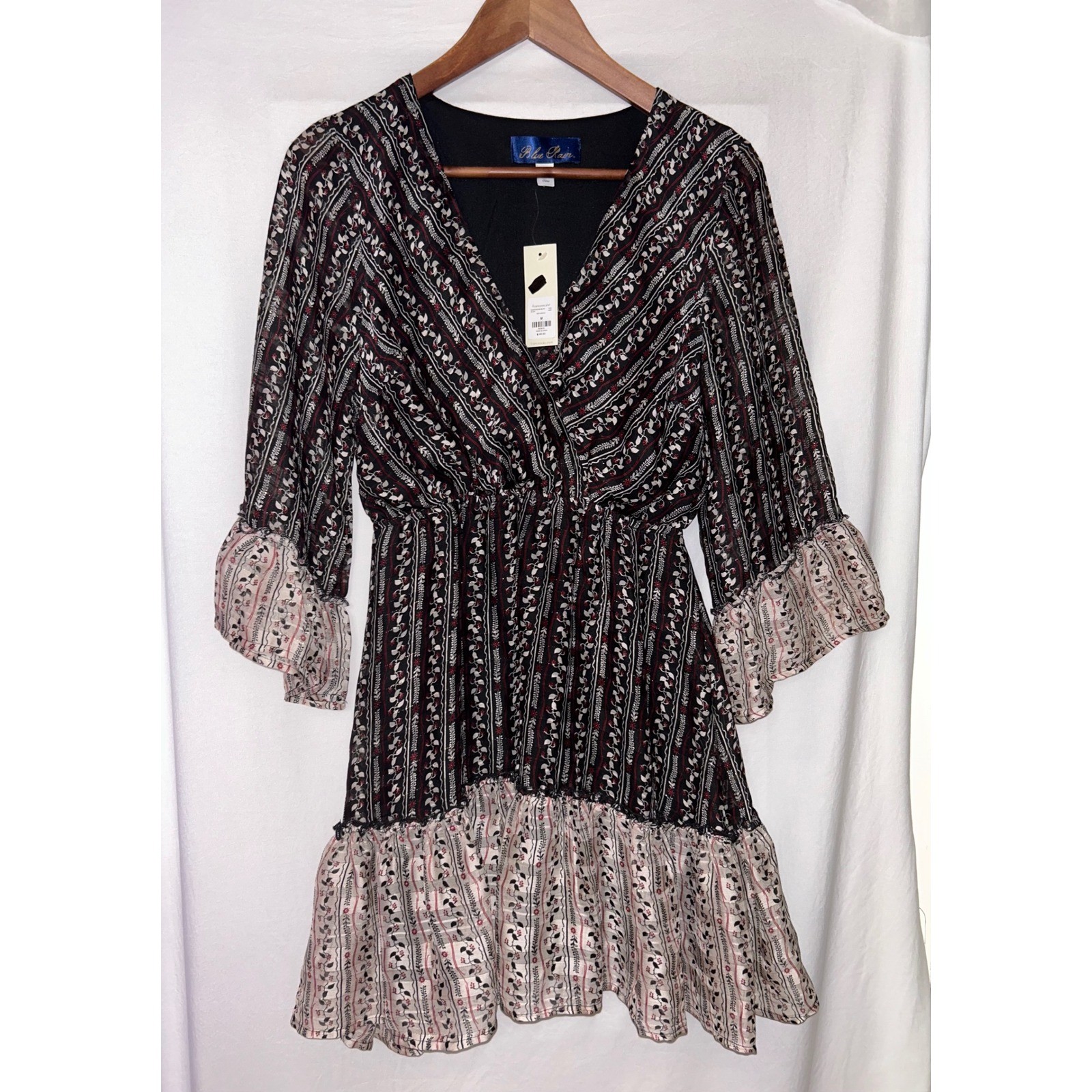 Blue Rain Women's M Floral Print Dress 3/4 Sleeve Ruffle Hem V-Neck Casual