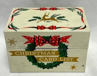Vintage 1950s Stylecraft Christmas Card List Recipe File Box Tin Reindeer Wreath