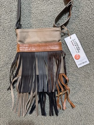 Gemini Mermaids Genuine Leather Patchwork Crossbody Purse With Fringe NWT