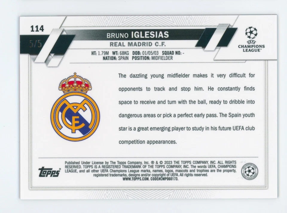 2022-23 Bruno Iglesias Topps Chrome Red Refractor Real Madrid Rookie Card 5/5 - Image 2 of 3