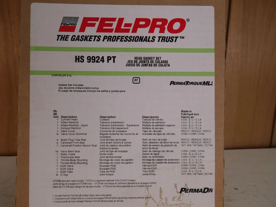 Head Gasket Set Fel-Pro HS 9924 PT-1 FOR CHRYSLER SEBRING DODGE STRATUS 2.4L 01 Foto 2 de 2