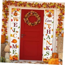 Give Thanks Porch Banner Sign, Fall Welcome Maple Leaves Thanksgiving white