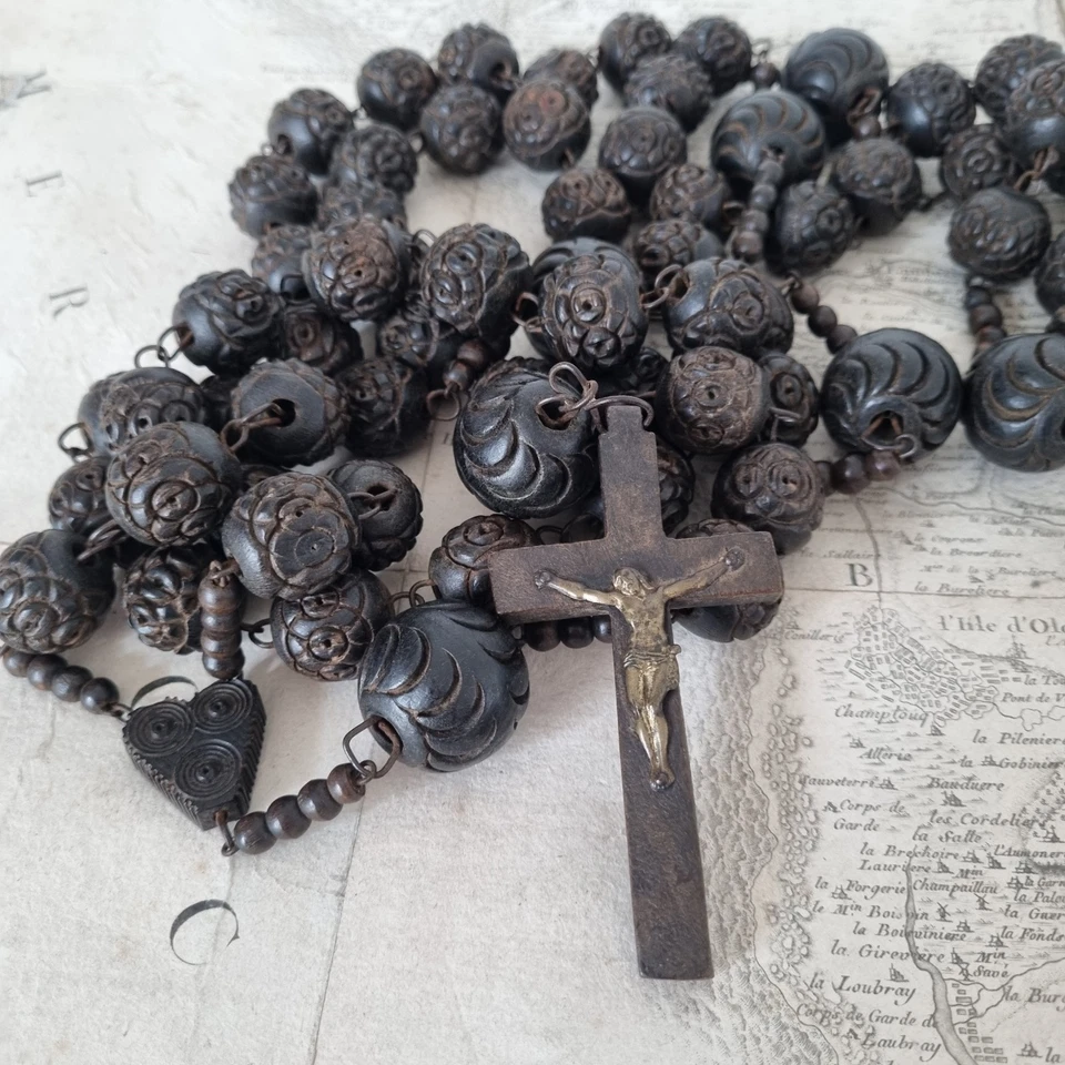 Grand Rosaire Ancien Milieu XIXè Bois Sculpté 148cm Chapelet French Rosary 19C - Photo 2/4