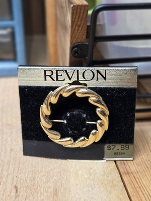 Vintage 1995 Round Teardrops Revlon Brooch Gold Tone New On Original Card