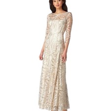 Tahari Arthur S. Levine Sequin Embroidered A-Line Champagne Gold Gown US 10 NWT