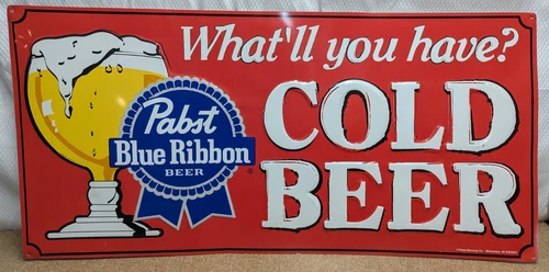 Vtg Pabst Blue Ribbon PBR Cold Beer What'll You Have? Tin Metal Sign 35" x 17"
