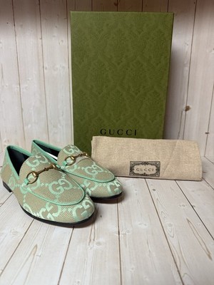 Gucci Monogram Jumbo GG Jordaan Loafers Beige/Pepperlight Mint Sz 34 / 4