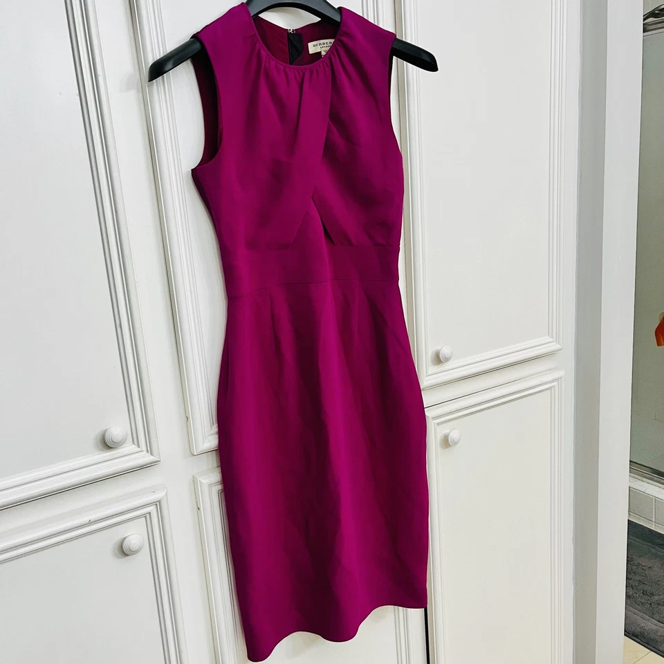 Burberry London Silk Deep Fuchsia Pink Sheath Dress Pleated Top Women’s Size 6 - Image 4 of 4