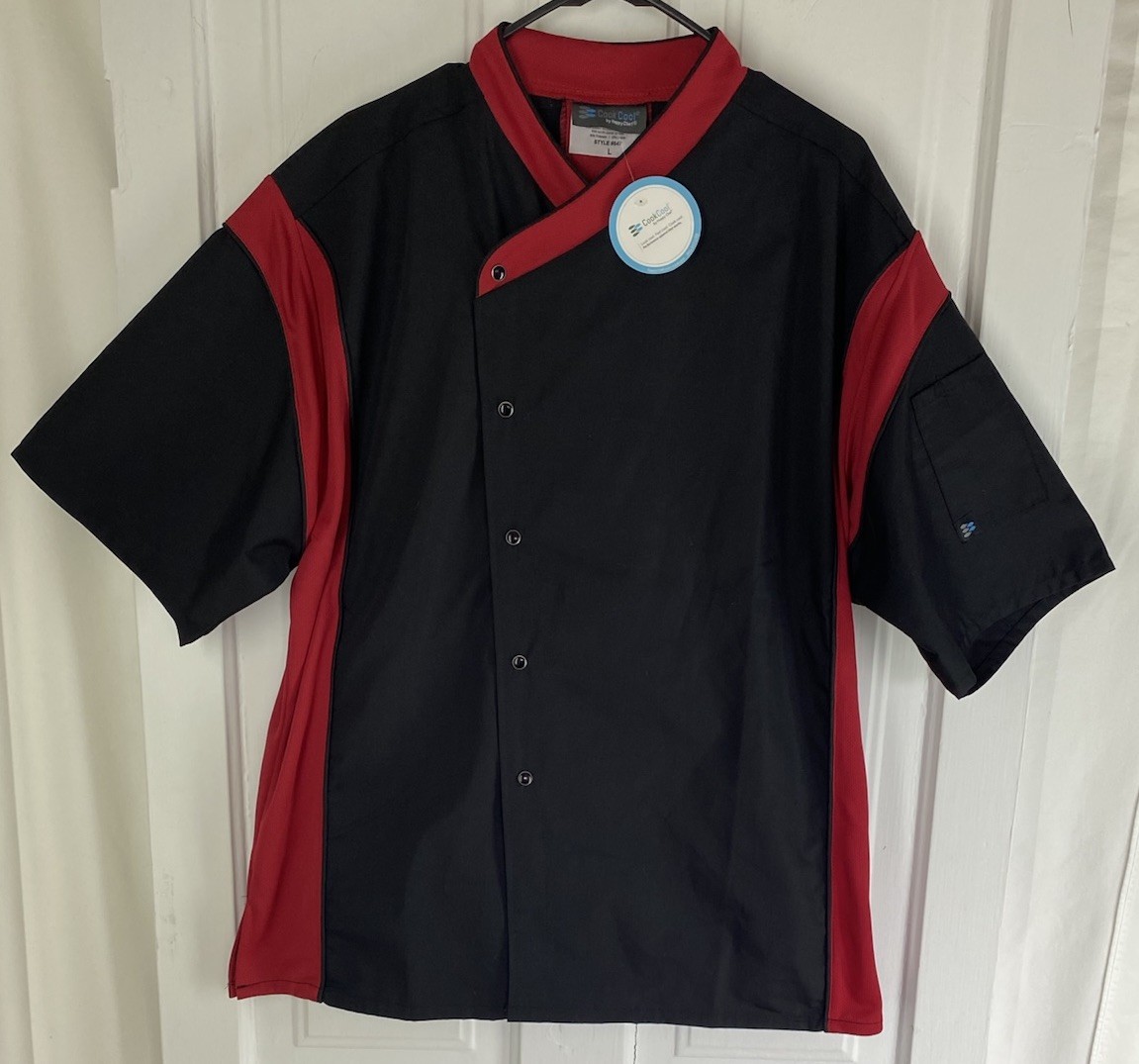 Cook Cool Happy Chef (Size Large) Uniform Chef Coat Black/Red Short-Sleeve Shirt