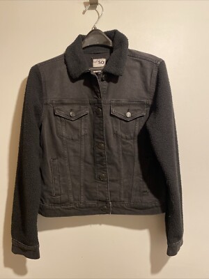 Kohls SO Womens Black Denim Jacket With Sherpa Arms Collar Size Medium 