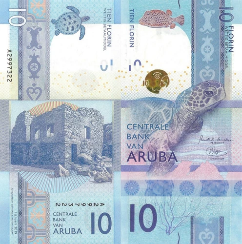 Aruba 10 Florin 2019 - Turtle/Puffer Fish/Ruins, p21a, B121a UNC