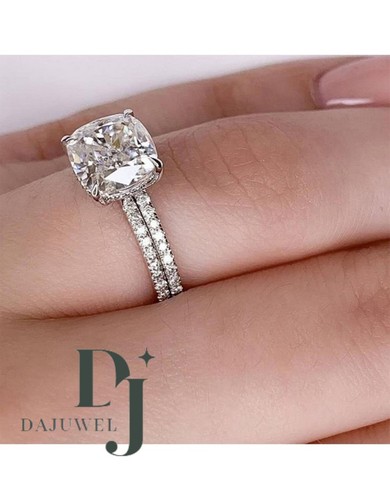 Moissanite Bridal Set Engagement Ring 2.50 CT Cushion Cut Solid 14K White Gold - Picture 3 of 7