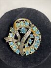 Floral Silver Tone Brooch Pin 1.5” Vintage Sea Blue Crystal Glass Rhinestone
