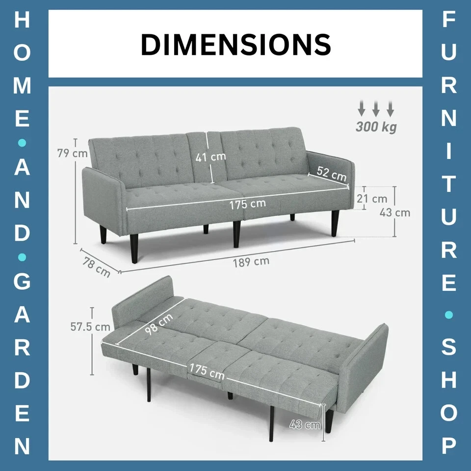 Sofá cama de 3 plazas con respaldo acolchado ajustable y asiento acolchado gris claro ** Foto 4 de 4