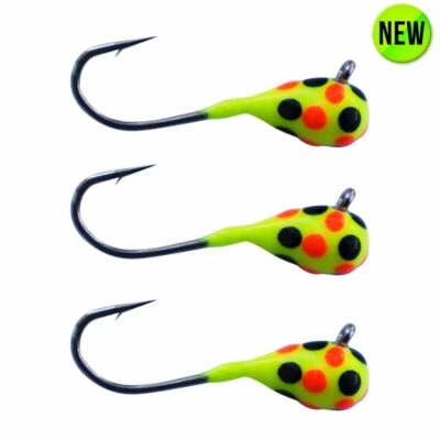 KENDERS OUTDOORS 3 Pack-Tungsten Ice Fishing Jigs - CHARTREUSE ORANGE BLACK (6 Size Variations)