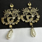 Vintage Gucci Multicolor Crystal GG Logo Earrings Faux Pearl Dangle Gold Tone — photo 4