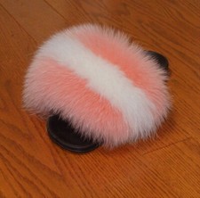 Real Fox Fur Slide Sandals Slippers Slides Coral Pink White