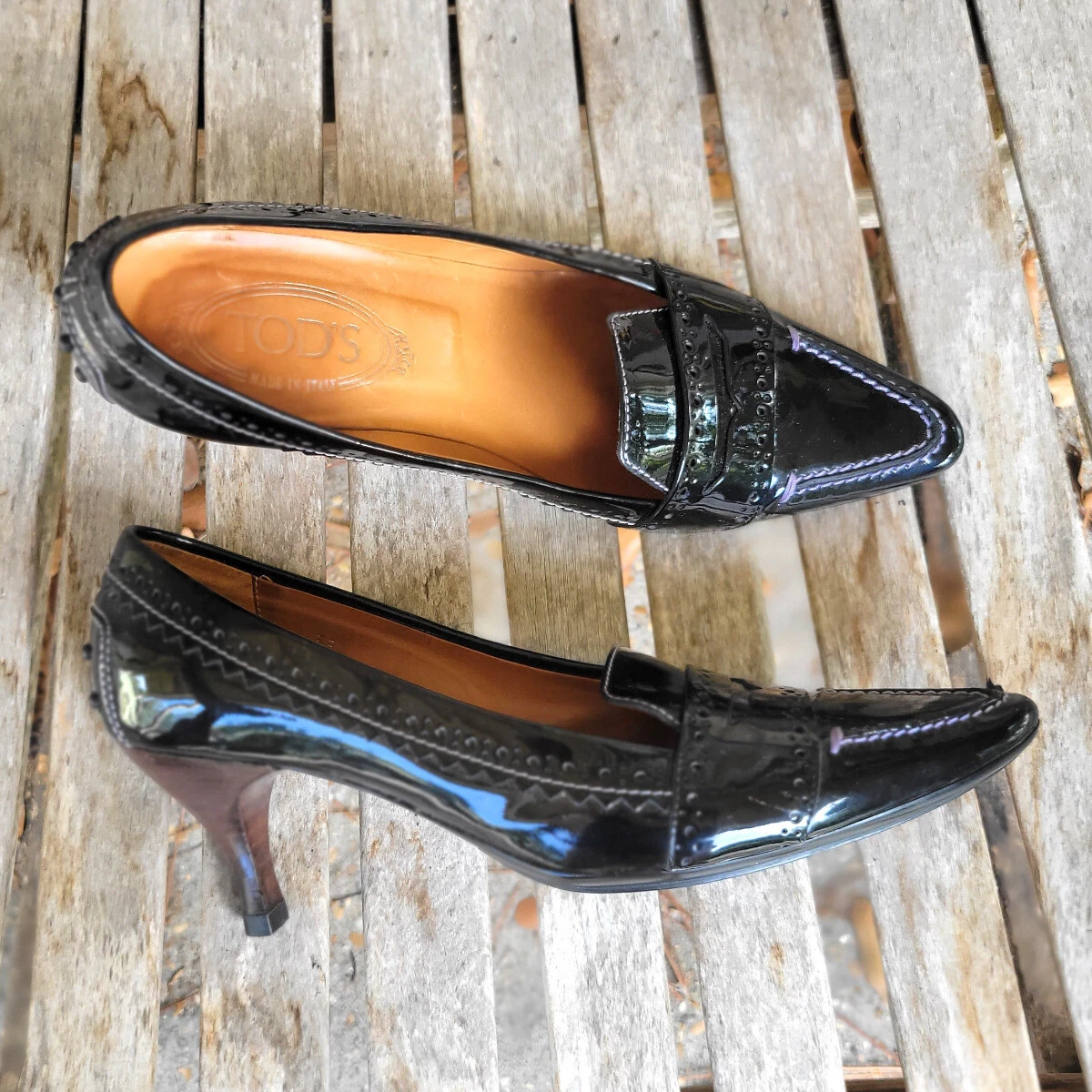 TOD’S Mocassini décolleté TOD'S neri in pelle verniciata tacco per gattino taglia 38 7 5 M