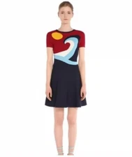 Red Valentino Knit A-Line Dress Size Large Sun And Waves Stretch Short Sleeve 