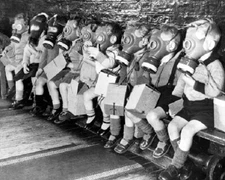 Toddlers on a bench in gas masks WWII 8x10 Photo 412a