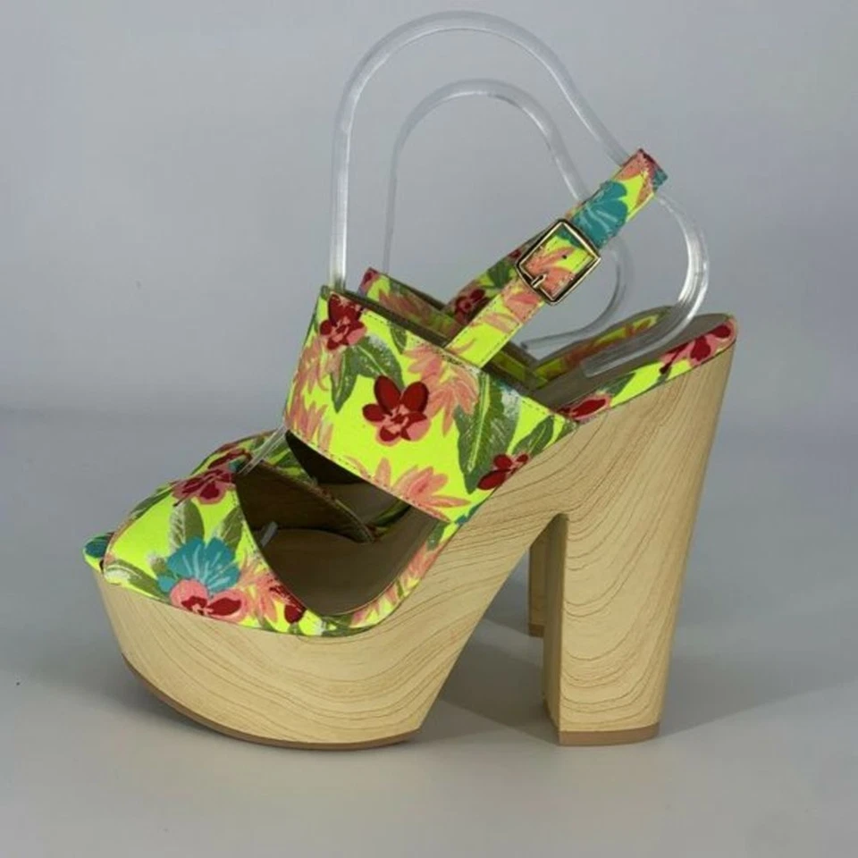 QUPID 露趾堵塞高跟鞋露趾鞋 7 码黄色花卉木质 — 第 2/4 张图片