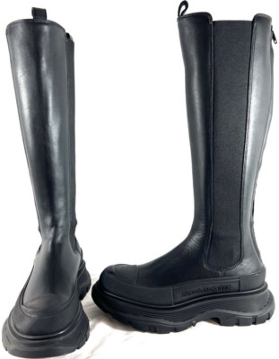 $1,290 ALEXANDER MCQUEEN Black Tread Slick Leather Knee High Women Boots 36.5