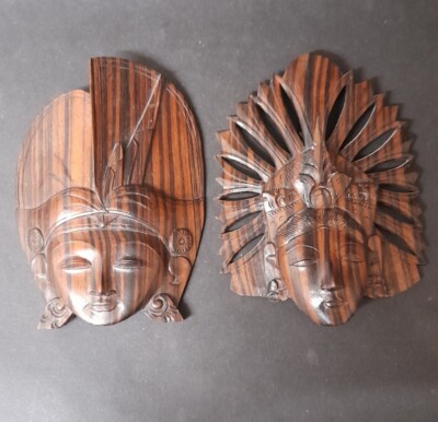 Vintage Klungkung Bali handgeschnitzt Hartholz Mann & Frau Gesicht 6'' Wandbehang