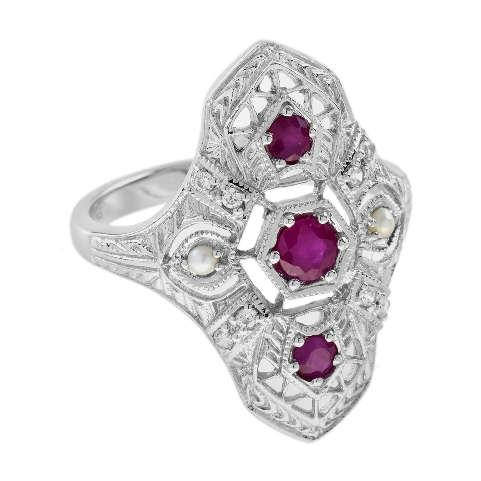 9K White Gold Genuine Ruby Pearl Diamond Art Deco Style Dinner Ring - Image 2 of 4