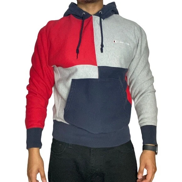 Champion Hoodie Color Block Red Gray Blue Reverse Weave Size Small READ