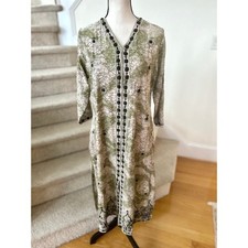 Vintage 70s Green Floral Embroidered Moroccan Kaftan Hostess Dress