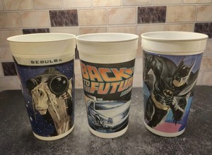 3 Vtg 6.75" Plastic Promo Cups 89 Back To The Future II/92 Batman Returns/SW Ep1