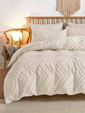Beige Duvet Cover Queen Size, 3pc Boho Tufted Microfiber Bedding Comforter Cover