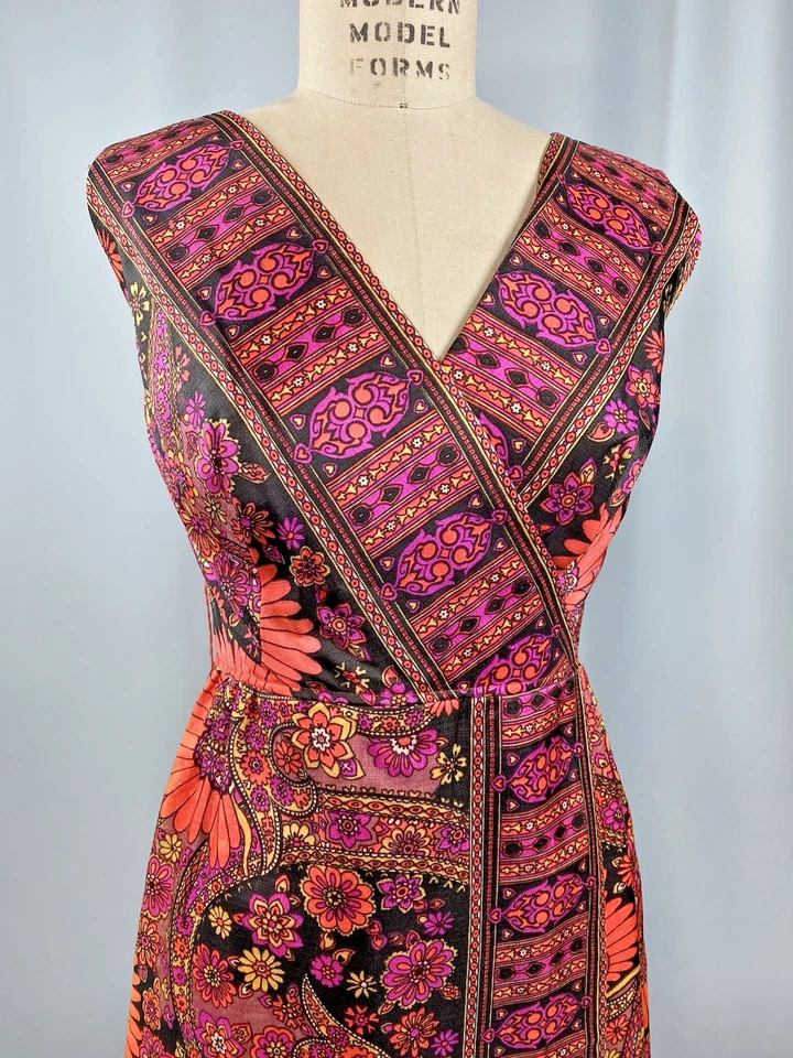 Vintage Dress SIZE SMALL orange pink paisley psychedelic 60s 70s maxi sheath - Image 2 of 4