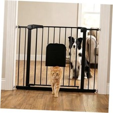 Metal Pet Gate with Cat Door, Adjustable Dog Gate for 29-45"Wide,30"Tall Black