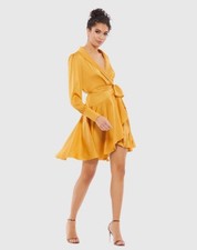 Mac Duggal Ieena 70135 Women’s 2 Yellow Wrap Mini Dress Belted Bishop Sleeve NWT