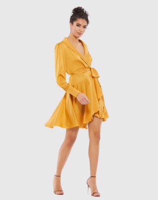Mac Duggal Ieena 70135 Women s 2 Yellow Wrap Mini Dress Belted Bishop Sleeve NWT