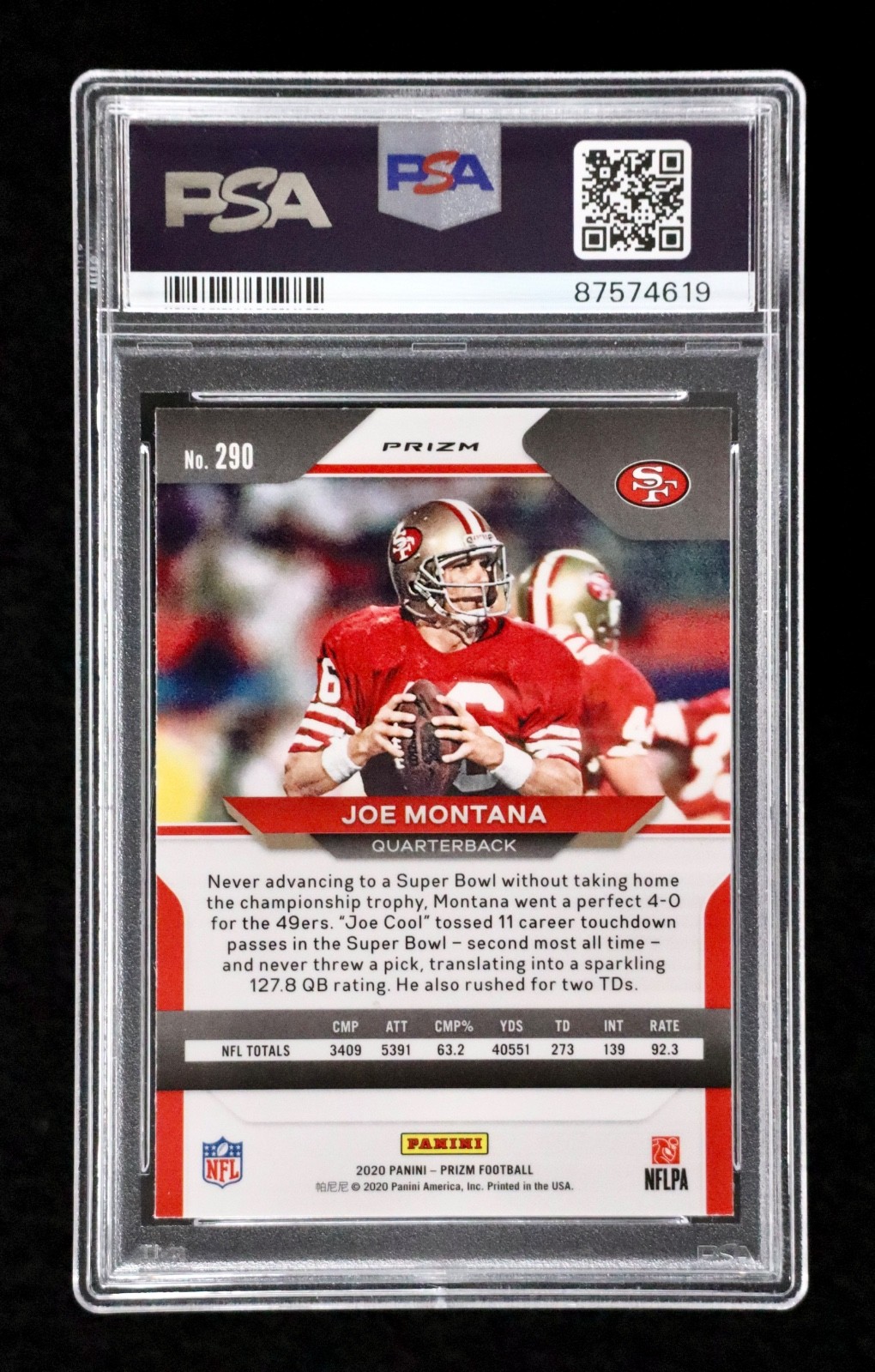 2020 Panini Prizm Joe Montana PSA 10 Red White Blue Prizm 49ers #290 CM3 view 2