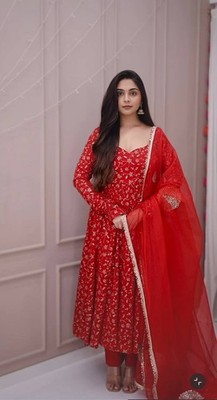 Function Wear Red Heavy Georgette Gown Bottom With Dupatta For Women & Girls