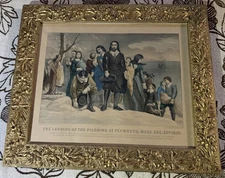 Original Currier and Ives framed print THE LANDING OF THE PILGRIMS. C3435