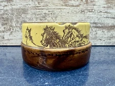 Vintage Western Horse Ceramic Ashtray Brown Yellow Glaze Running Horses 4.5”