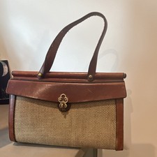 John Romain Woven Beige/Brown Satchel Top Handle Turn Lock Gold HW Key Pockets
