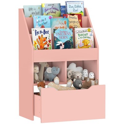 HOMCOM Kinder Bücherregal, Spielzeugkiste mit Aufbewahrungsschublade, Rollen für Schlafzimmer - Rosa