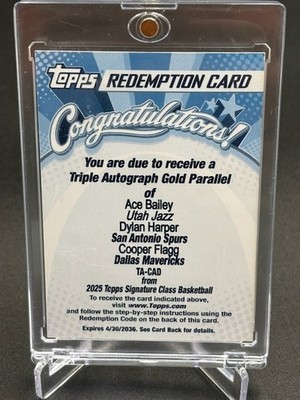 2025 Topps Signature Cls- Triple Auto Gold Cooper Flagg Dylan Harper Ace Bailey
