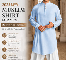 Mens Muslim Robe Cotton Linen Eid Thobe Long Sleeve Islamic Kaftan-Free Shipping