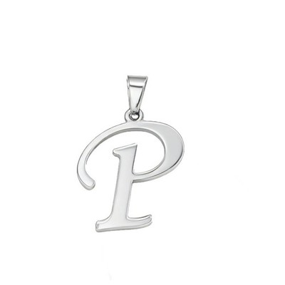 Letter P Initial Pendant Charm, Silver Stainless Steel, Cursive Script Design