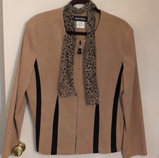 Kari's Place Women's Stripe Zip Jacket Leopard Scarf Beige Black Size 16