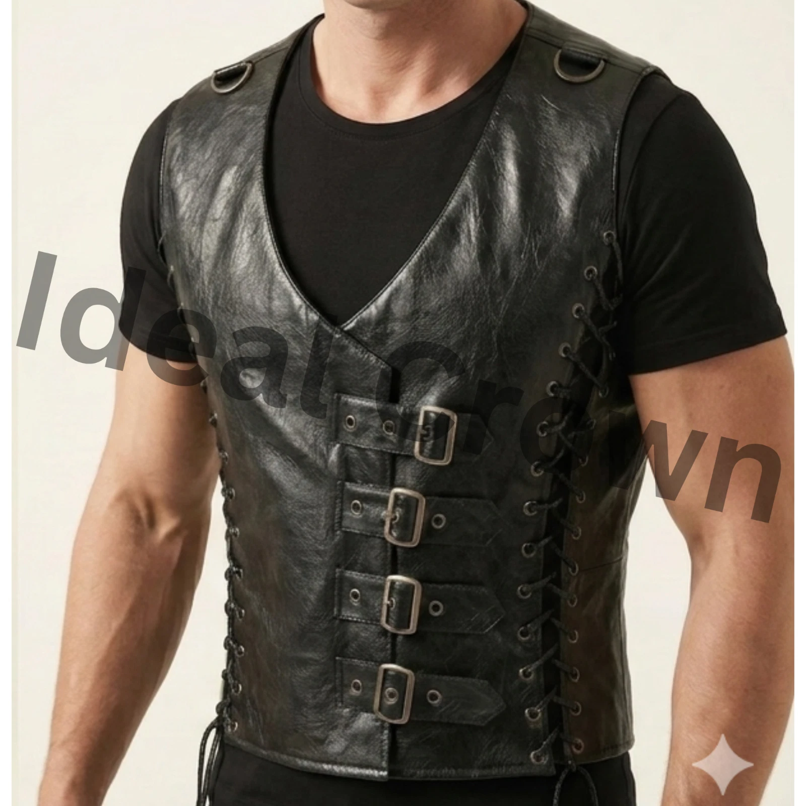 Men's Black Leather Lace-Up Biker Vest with Buckles Gothic Style Motorcycle Vest