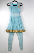 Girls Salwar Kameez Anarkali Set Blue Gold Party Wear Size 8-10  26" Chest 