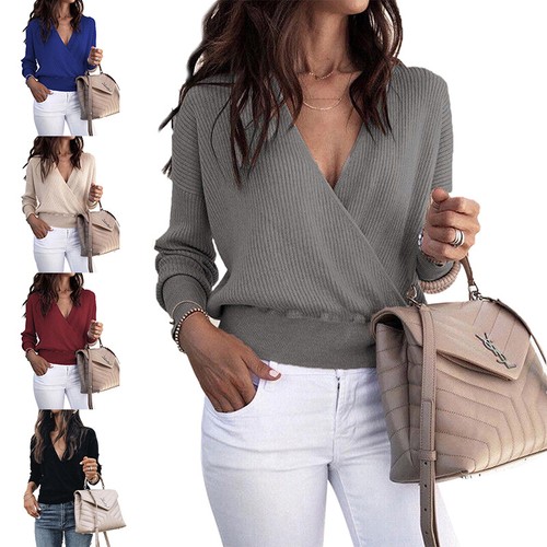Womens Baggy V Neck Cross Wrap Jumper 