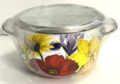 Europe Ware Enamel Cookware 8 inch 4 Liter Floral Design Pot with Glass Lid NEW